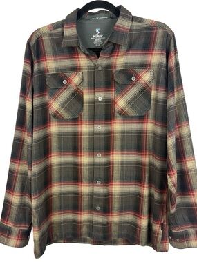 KÜHL Men’s Small Plaid Button Down Flannel Shirt Cotton Tencel Blend Red Gray